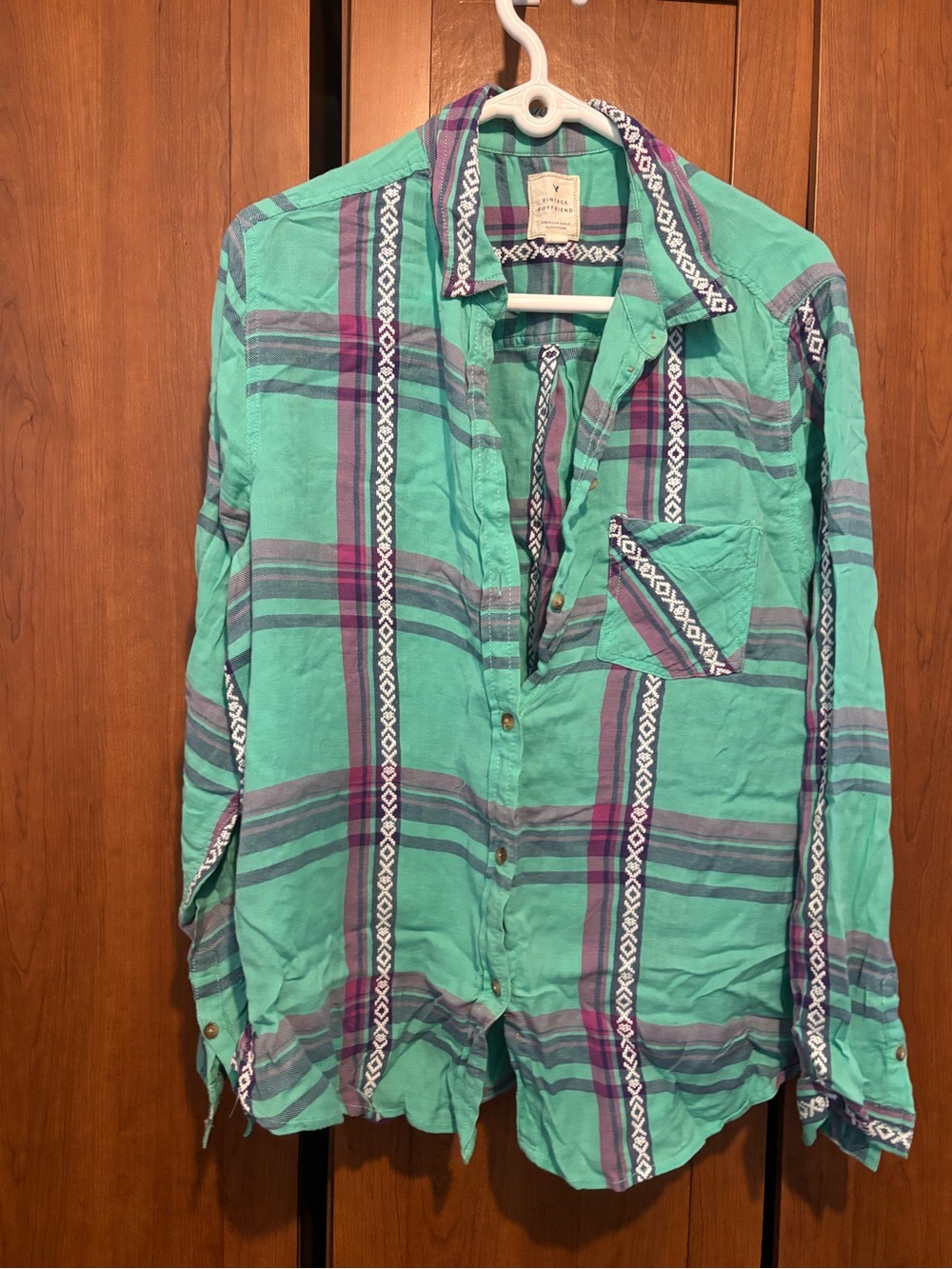 American Eagle Outfitters Teal Plaid Button-Up Shirt with Purple & Gray Accents